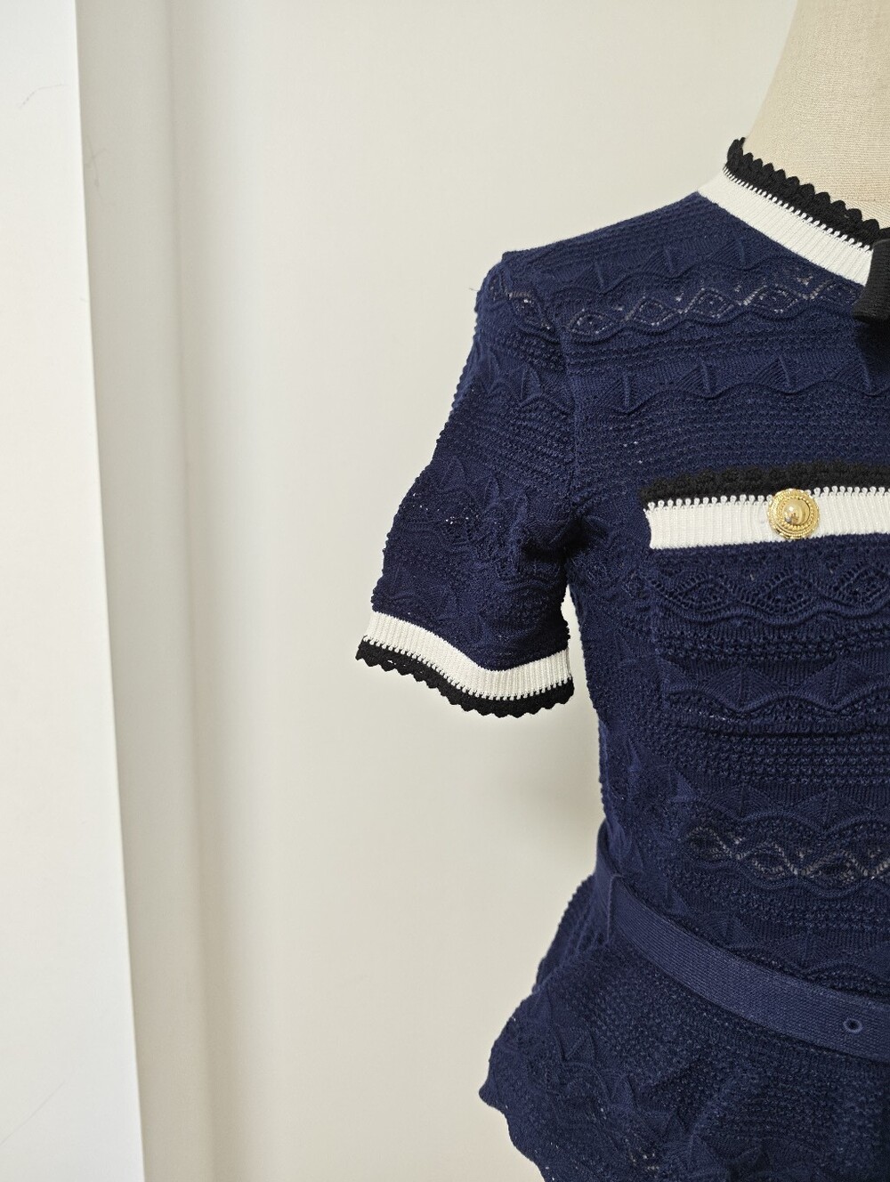 Self Portrait Navy Peplum Pointelle Knit Top - Picture 7 of 13